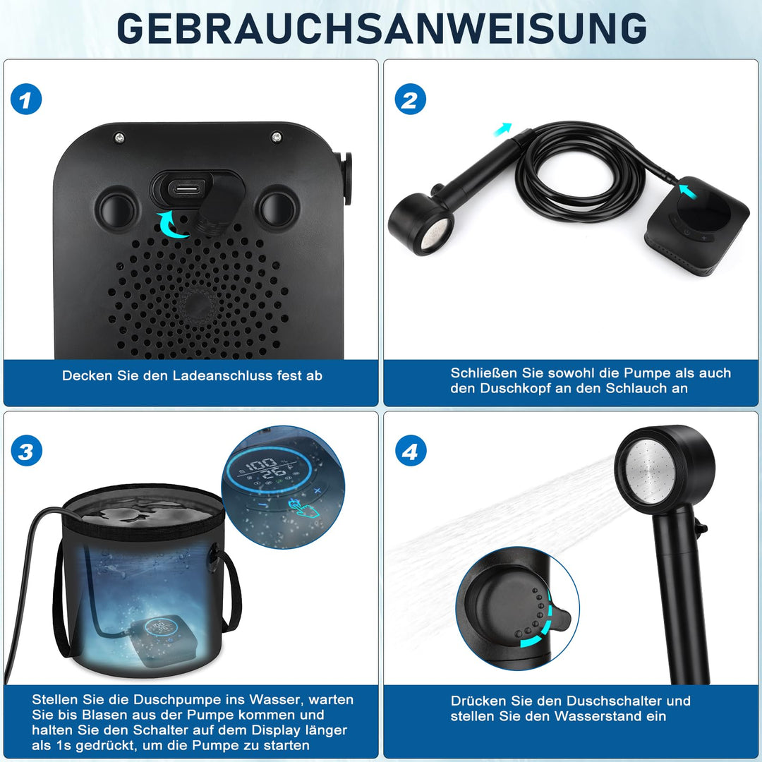 Campingdusche tragbar mit Pumpe 8000mAh Akku IPX8 LED-Display - Bild 6