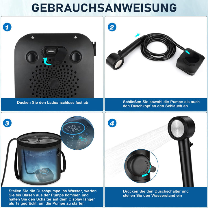 Campingdusche tragbar mit Pumpe 8000mAh Akku IPX8 LED-Display - Bild 6