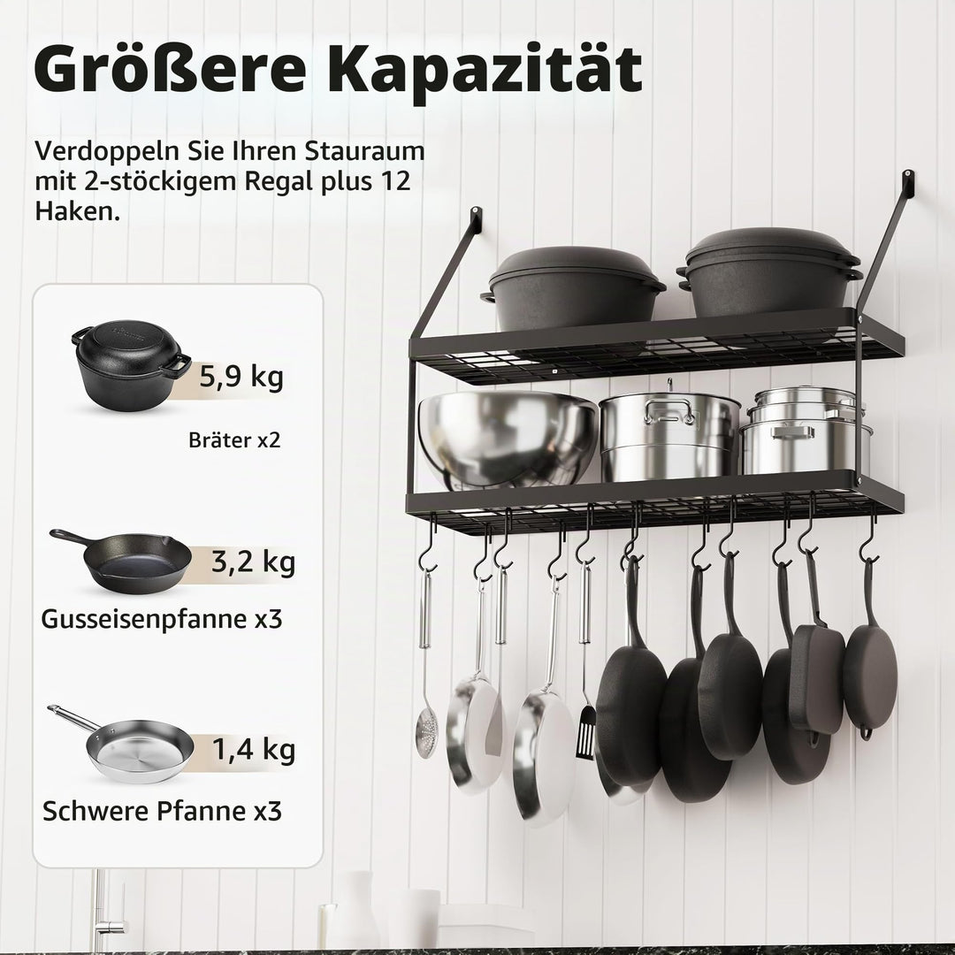 Wandregal Küche Doppel-Pfannenhalter 75cm matt schwarz 12 Haken - Bild 2