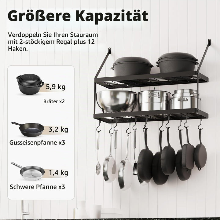 Wandregal Küche Doppel-Pfannenhalter 75cm matt schwarz 12 Haken - Bild 2