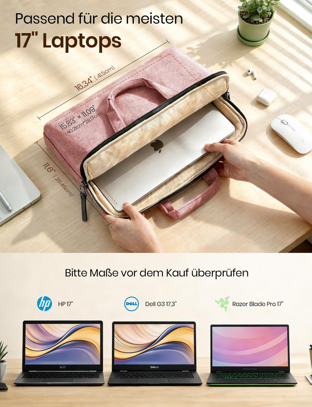 Laptoptasche 17-17,3 Zoll wasserabweisend mit Schultergurt Rosa - Bild 3