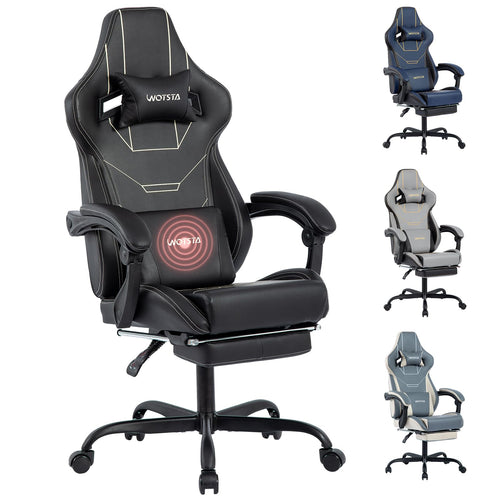 Gaming Stuhl mit Fussstütze, Massage-Lendenkissen & Kopfstütze