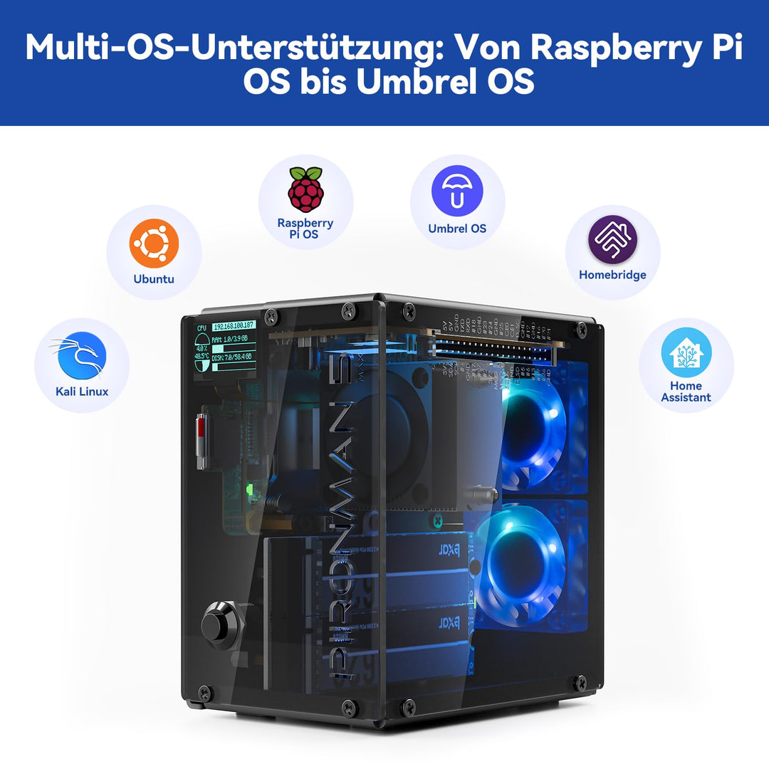 Raspberry Pi 5 Gehäuse Dual NVMe M.2 RAID mit OLED und RGB-Kühler - Bild 7