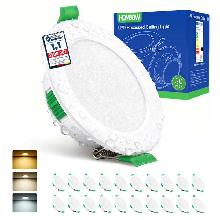 LED Einbaustrahler 20er Set IP44 3 Farbtemperaturen 68–80mm Lochmaß