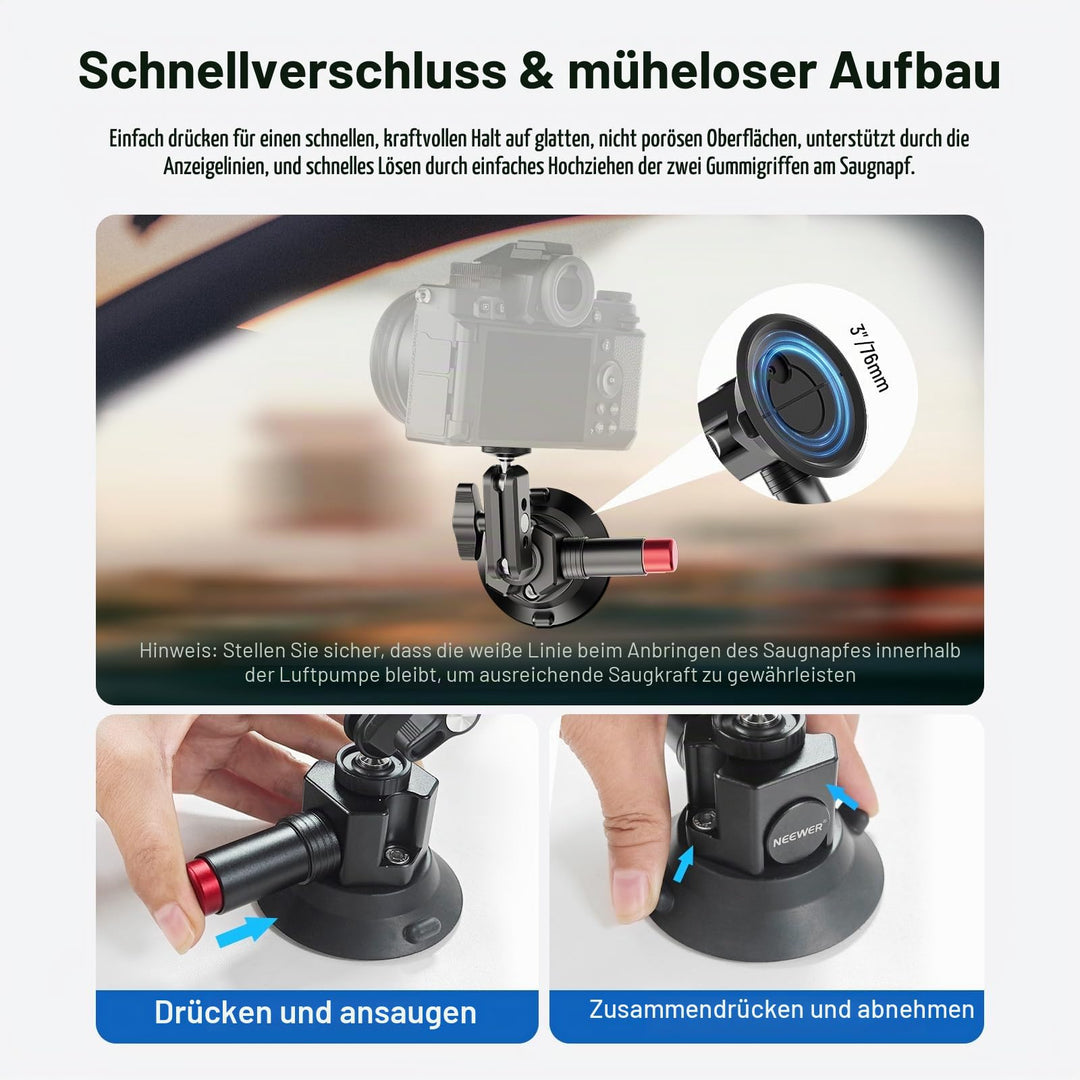Saugnapf Kamerahalterung 76mm mit Kugelkopf Magic Arm 1/4" 3/8" - Bild 4