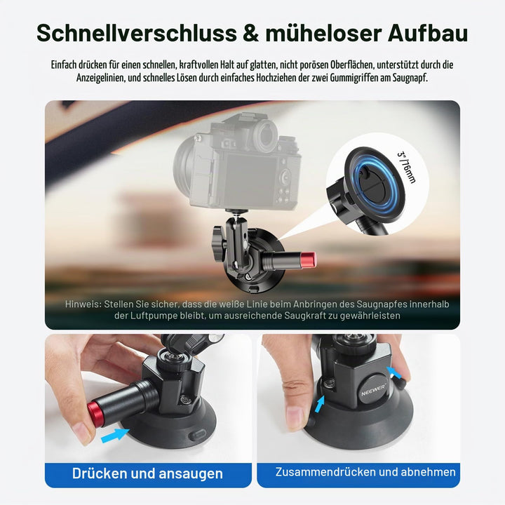 Saugnapf Kamerahalterung 76mm mit Kugelkopf Magic Arm 1/4" 3/8" - Bild 4