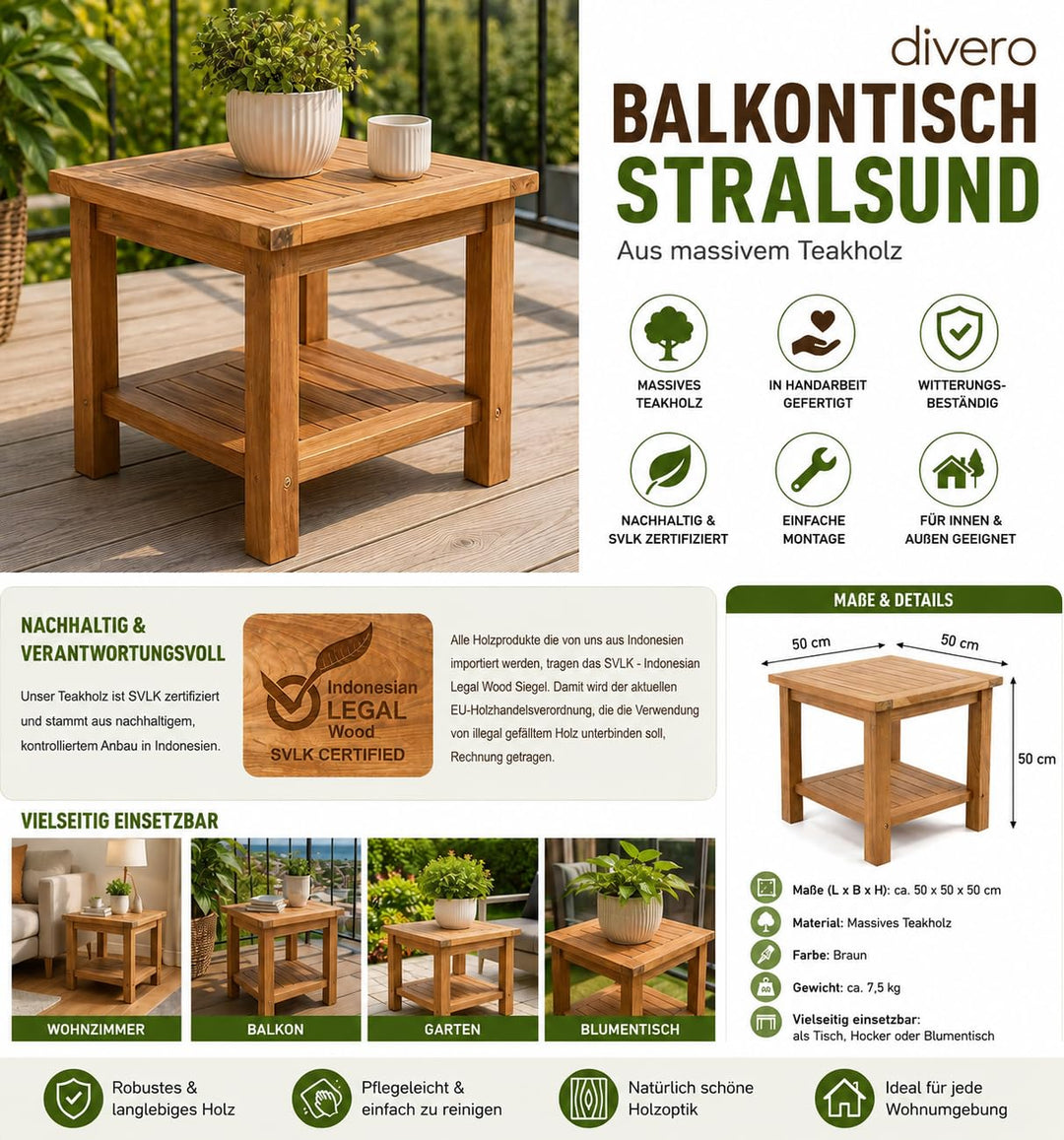 Beistelltisch Teakholz massiv quadratisch 50x50 cm für Balkon - Bild 3