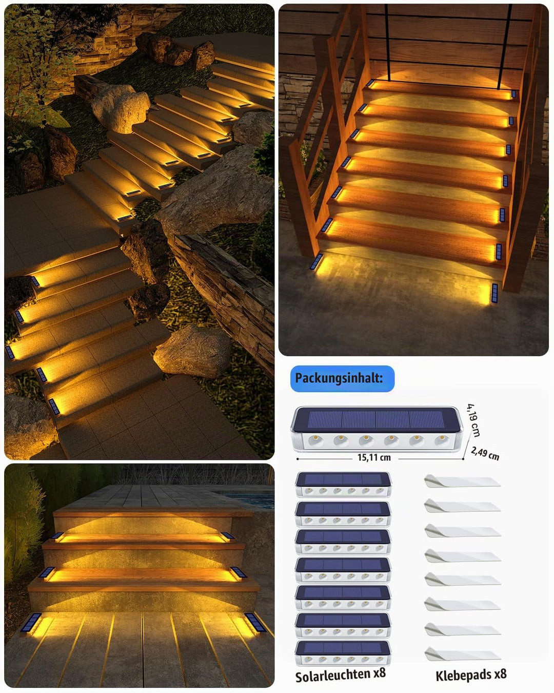 Solar Bodenleuchten Aussen IP68 Warmweiss 8er-Set fuer Treppen - Bild 6