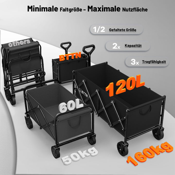 Bollerwagen faltbar 120L extra lang mit 360°-Rädern schwarz - Bild 3