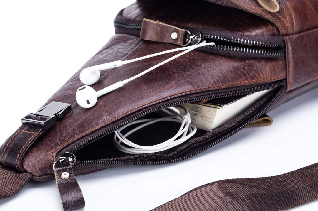 Leder Sling Bag Herren Rindleder Umhängetasche Retro Braun - Bild 7