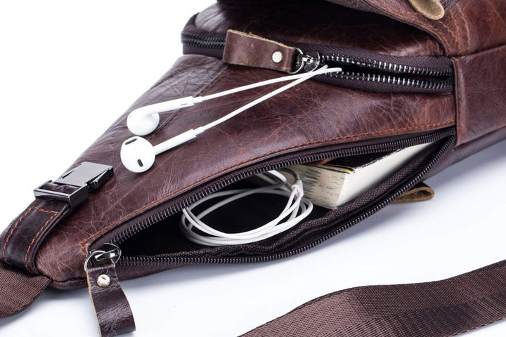 Leder Sling Bag Herren Rindleder Umhängetasche Retro Braun - Bild 7