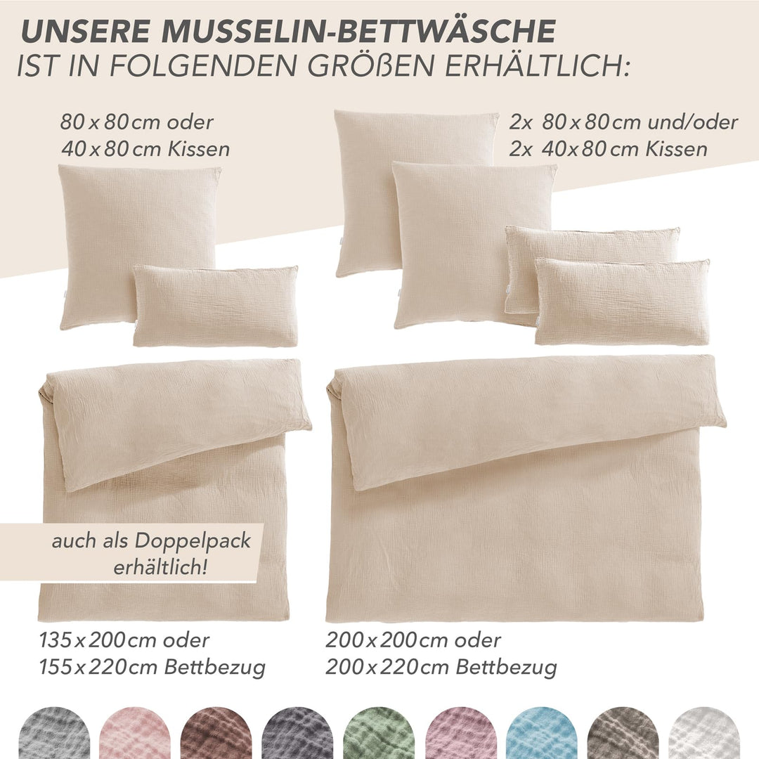 Musselin Bettwäsche 4-teilig Baumwolle 135x200 beige bügelfreie - Bild 8