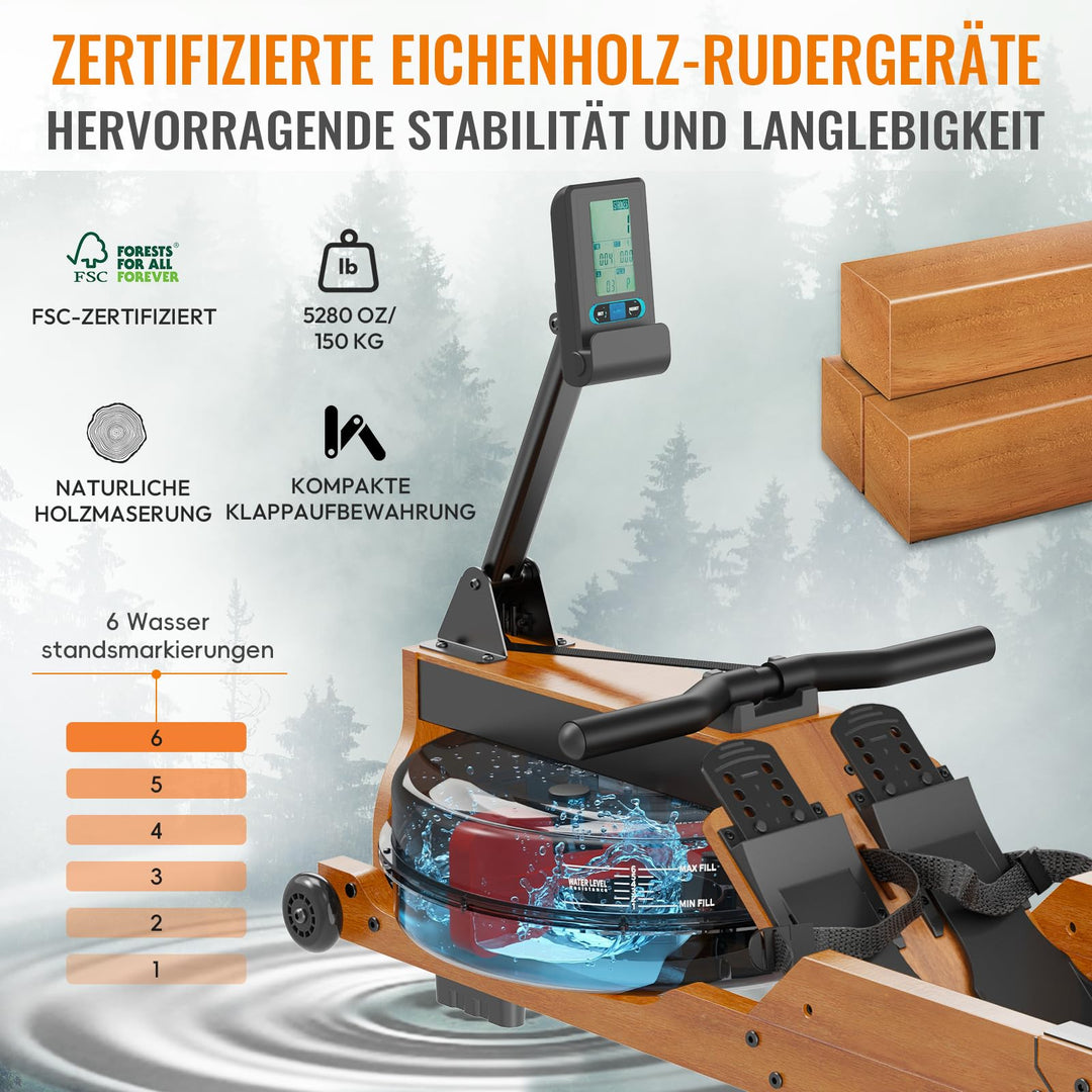 Wasser-Rudergerät Massivholz Eiche klappbar bis 150 kg mit LCD-Monitor - Bild 2