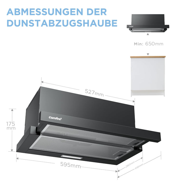 Flachschirmhaube 60 cm ausziehbar Energieklasse A+ Schwarz - Bild 2