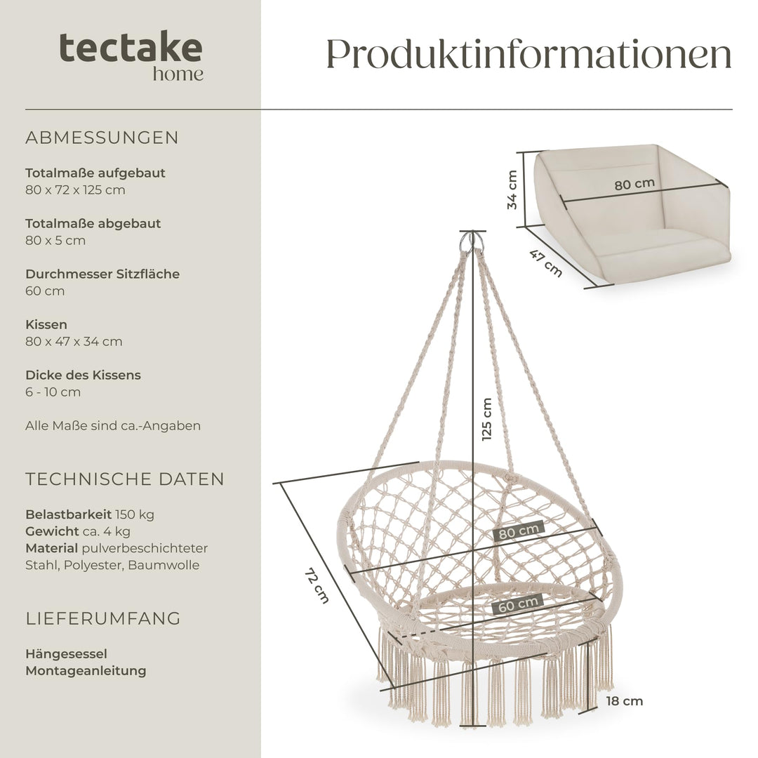 Hängesessel mit Gestell Baumwollgeflecht Boho bis 150 kg beige - Bild 6