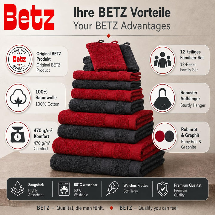 Handtuch-Set 12-teilig 100% Baumwolle 470 g/m² Frottee Rubinrot/Graphit - Bild 9