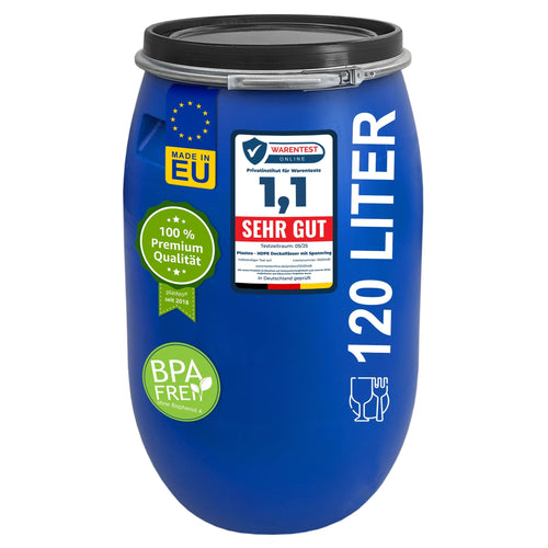 Weithalsfass 120 Liter mit Deckel & Spannring, HDPE lebensmittelecht, Blau