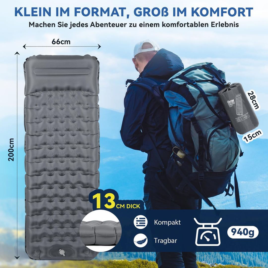 Camping Isomatte aufblasbar 13 cm mit Kissen und Fusspumpe - Bild 3