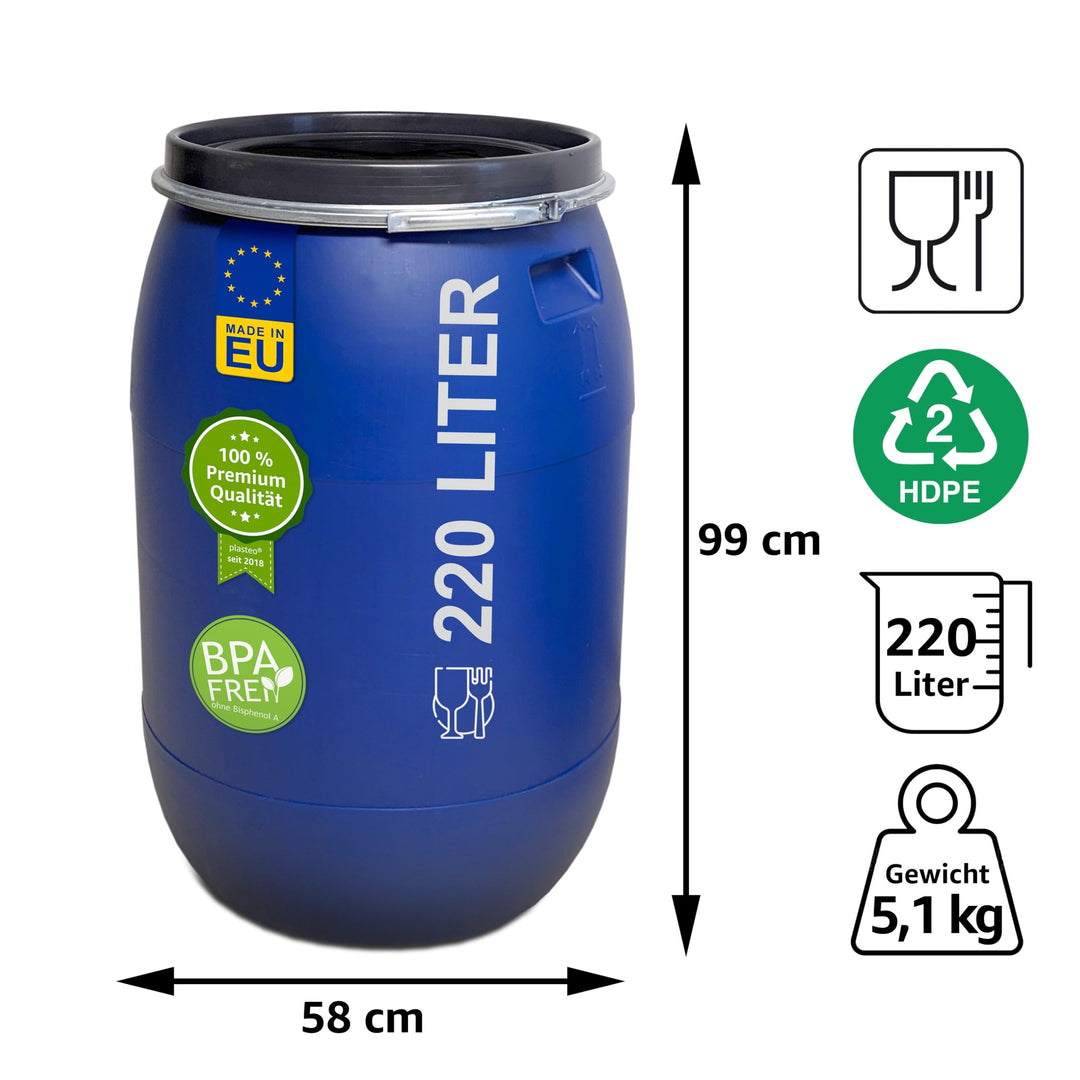 Weithalsfass 220 Liter HDPE mit Deckel Blau Regentonne Kunststoff - Bild 3