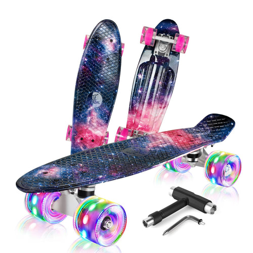 Kinder Skateboard 22 Zoll LED-Leuchtrollen Galaxy Purple komplett montiert