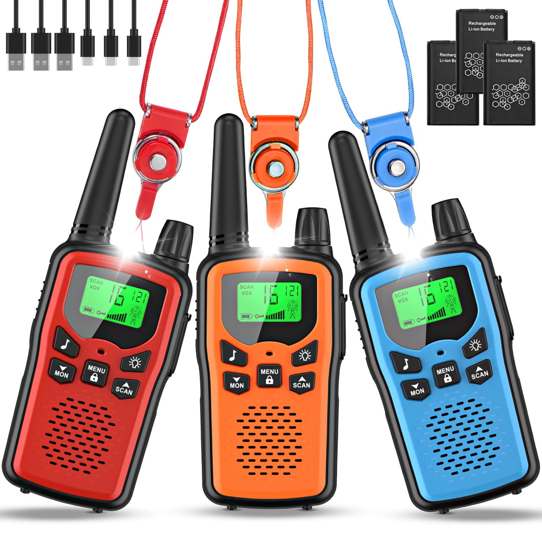 Walkie-Talkie 3er-Set Kinder aufladbar mit LCD und Taschenlampe