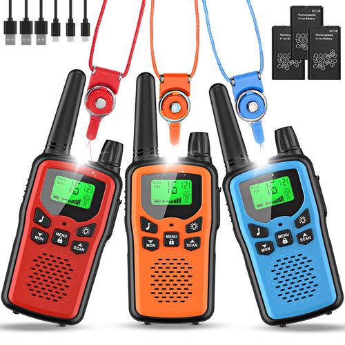 Walkie-Talkie 3er-Set Kinder aufladbar mit LCD und Taschenlampe