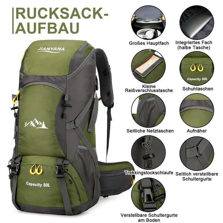Wanderrucksack 50L mit Regenhülle Trekking Camping Unisex - Bild 4