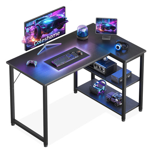 Gaming Tisch L-Form mit Regal 100x70 cm Schwarz Stahl