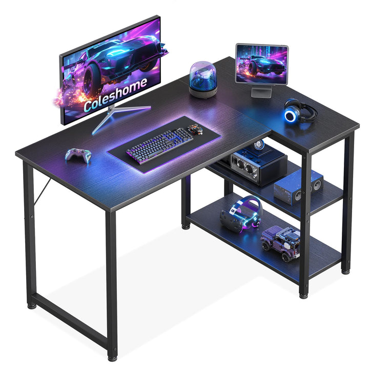 Gaming Tisch L-Form mit Regal 100x70 cm Schwarz Stahl