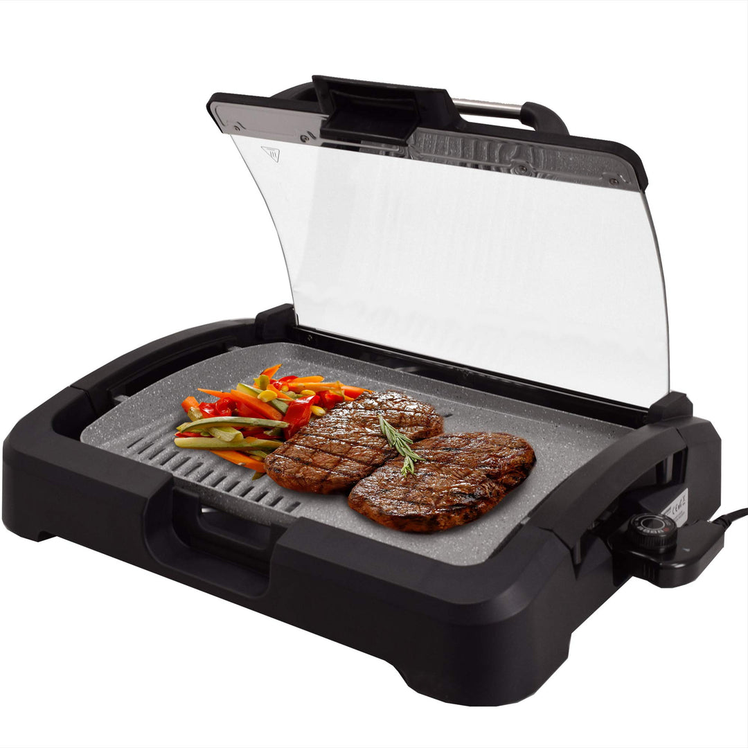 Elektro-Tischgrill Keramik-Grillplatte 39x29 cm mit Glasdeckel 2200W