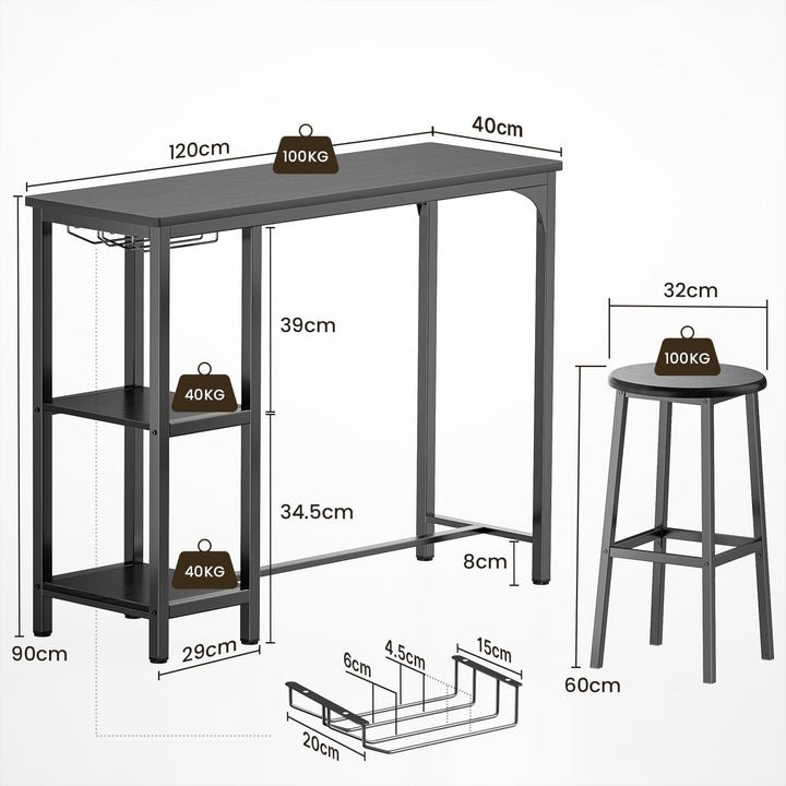 Bartisch-Set mit 2 Barhockern, Ablage und Glashalter, Schwarz - Bild 5