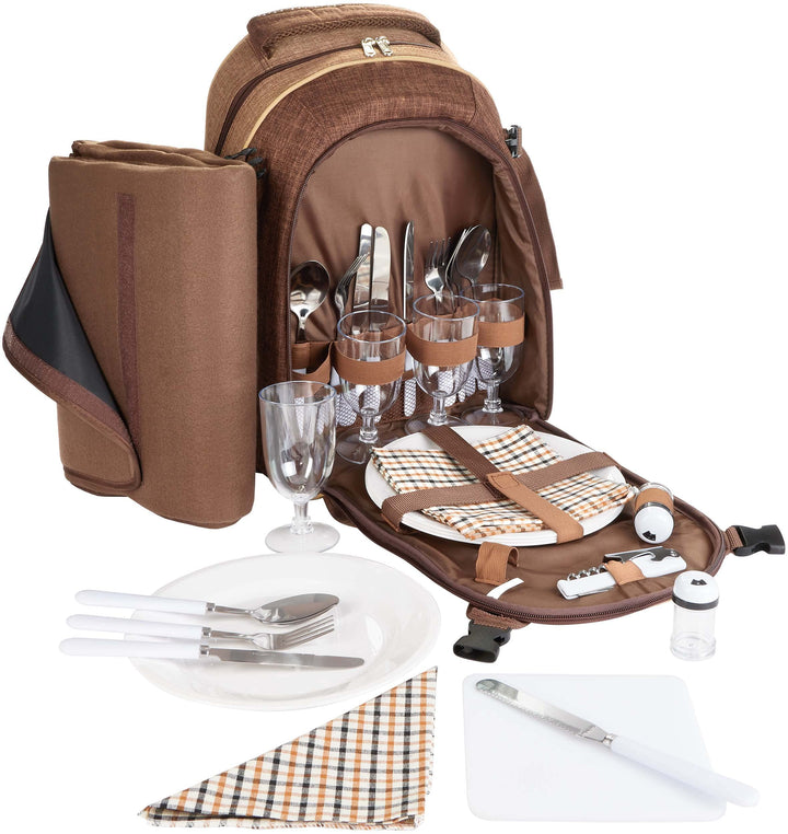 Picknickrucksack 4 Personen mit Kühlfach und Picknickdecke Braun