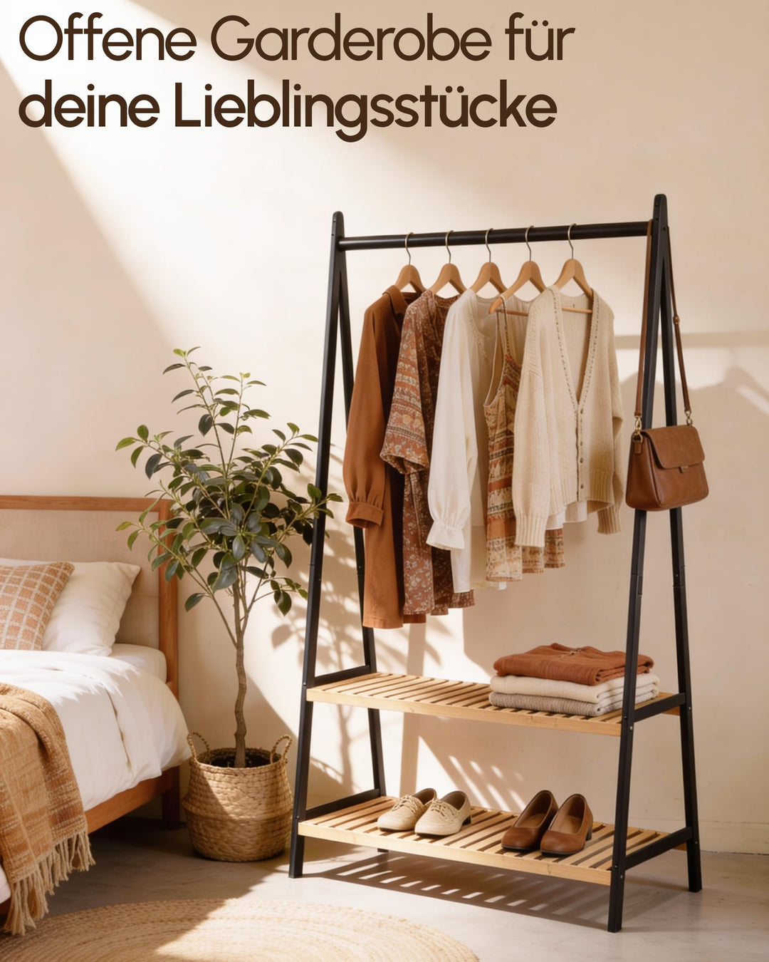 Kleiderständer Bambus Schwarz mit 2 Ablagen 160x80x44 cm - Bild 4