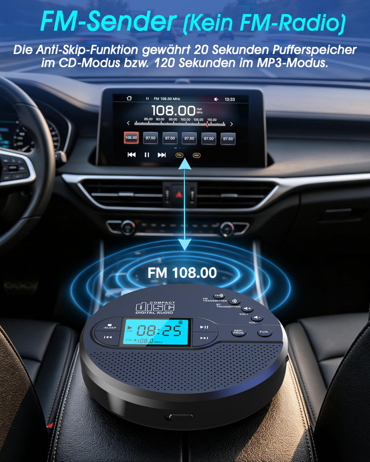 CD Player tragbar mit Bluetooth 5.3 und FM-Transmitter, LCD, 9h Akku - Bild 5
