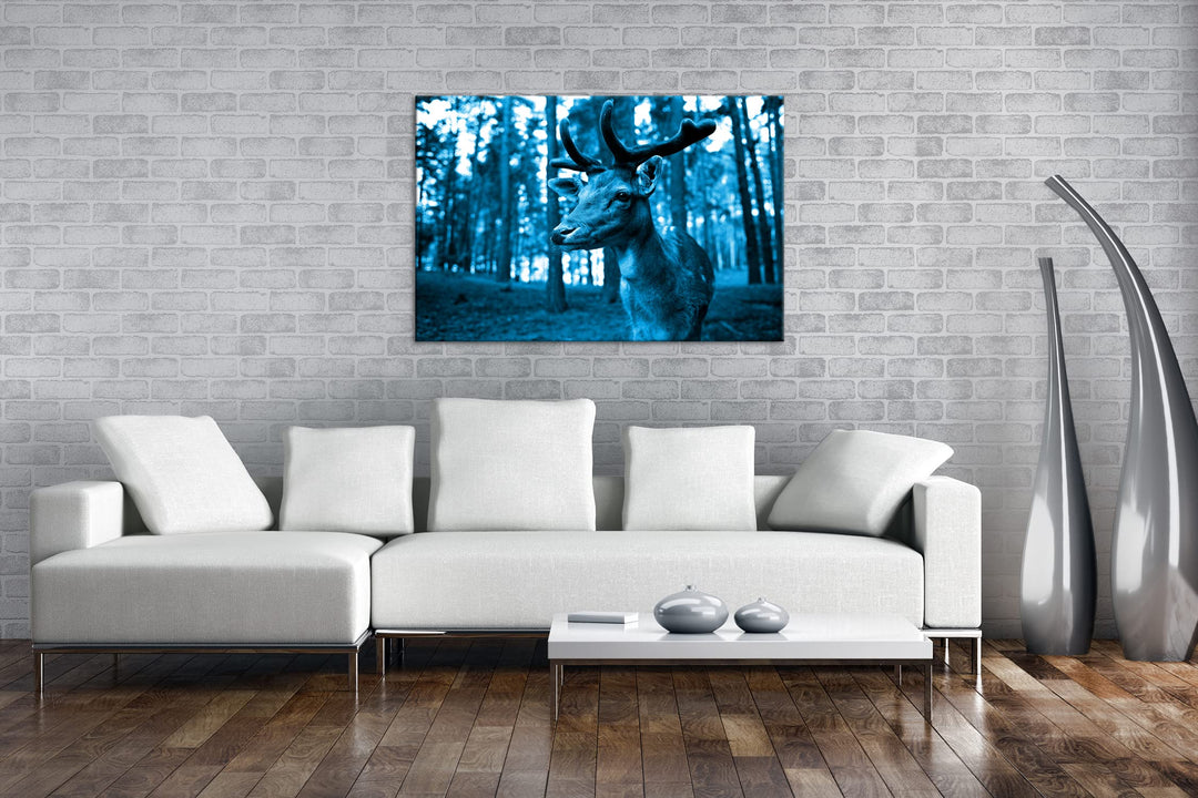 Leinwandbild Hirsch Monochrom Blau auf Echtholzrahmen 80x60 cm - Bild 2