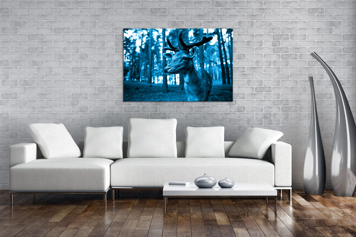 Leinwandbild Hirsch Monochrom Blau auf Echtholzrahmen 80x60 cm - Bild 2
