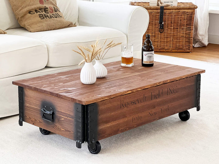 Couchtisch Truhe Massivholz Kiefer mit Rollen Vintage 100x58x31cm - Bild 3