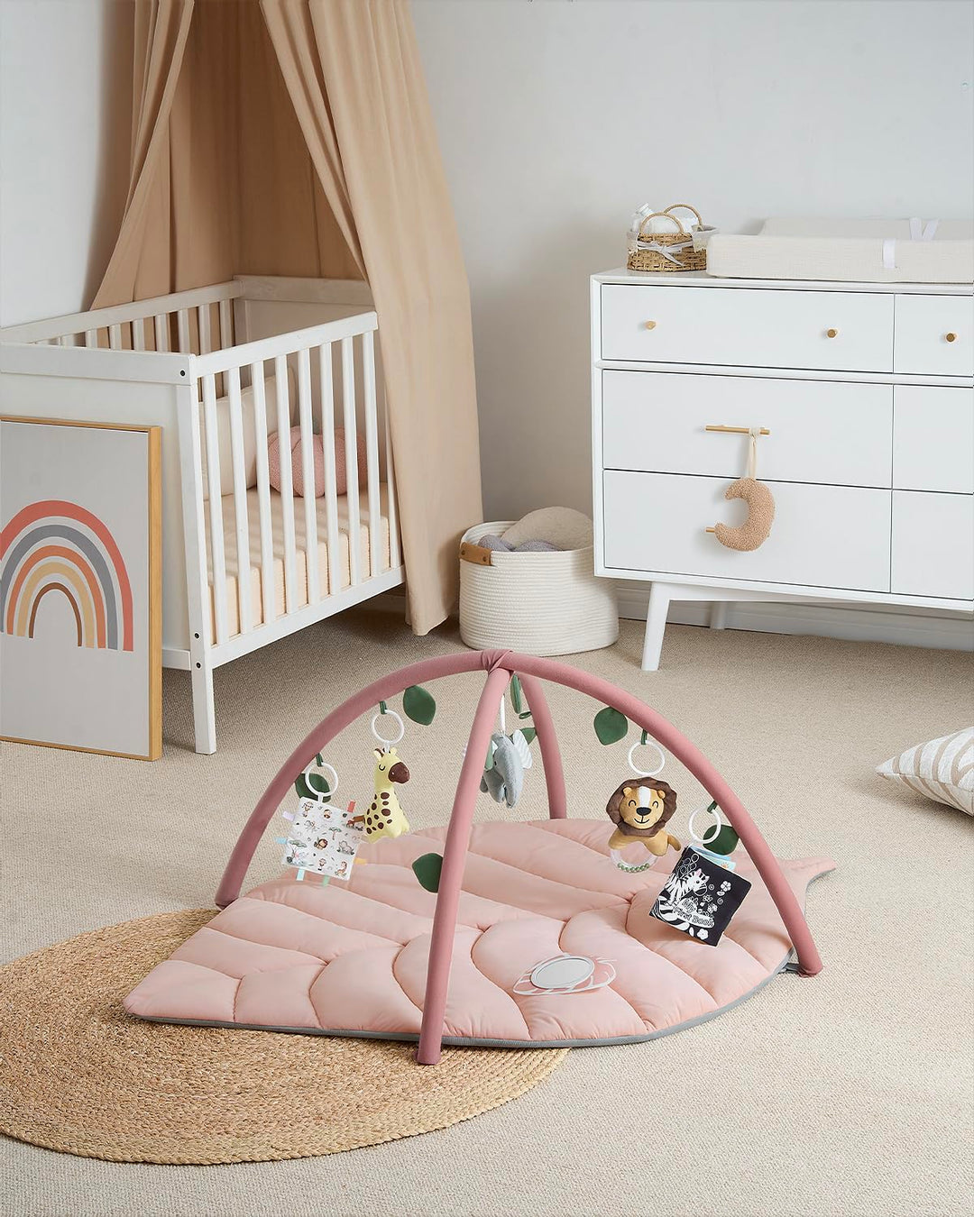 Spielbogen Baby mit Krabbeldecke Blattform 135x94cm 6 Spielzeuge Rosa - Bild 7