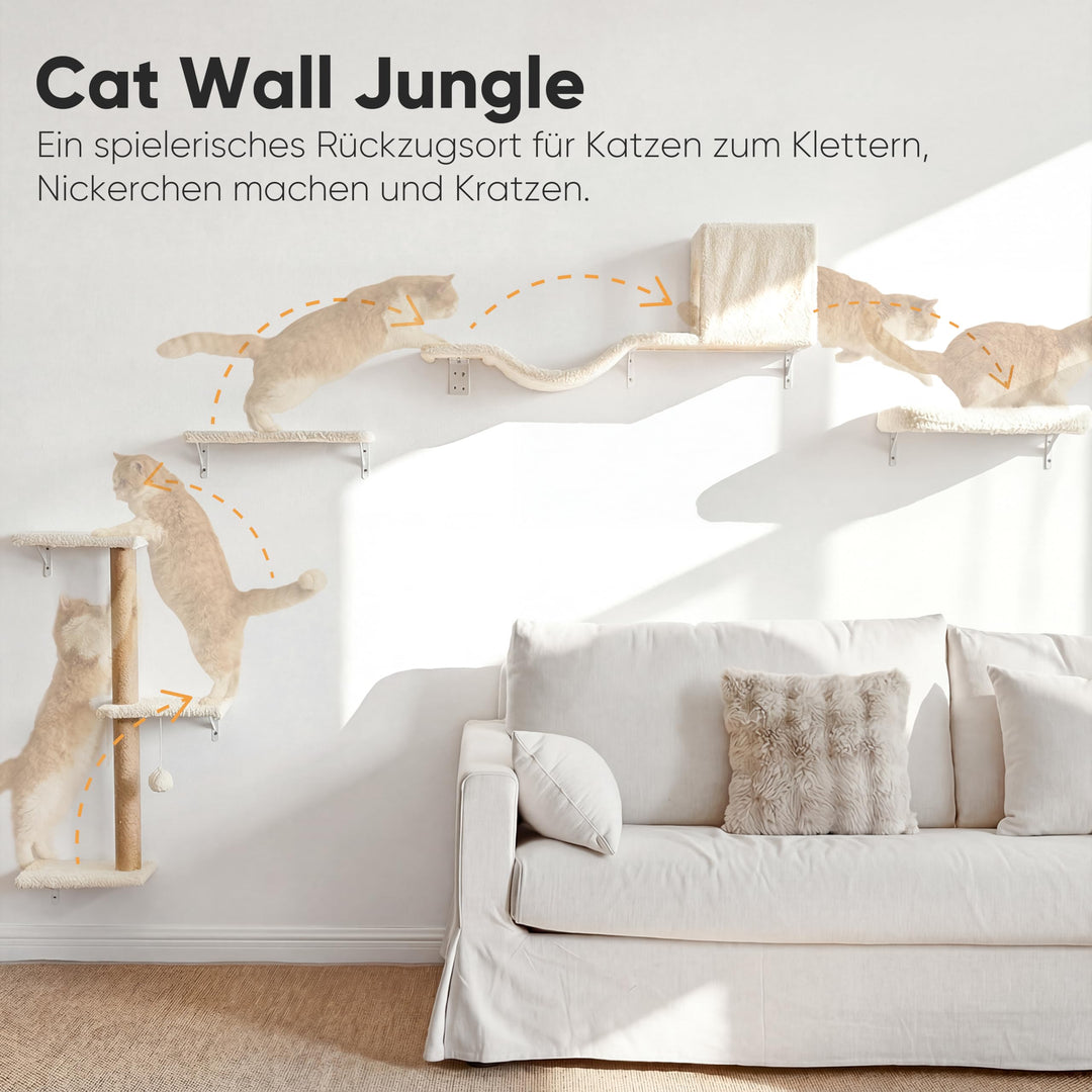 Katzen Kletterwand Set 10-teilig Multiplexholz mit Hängematte beige