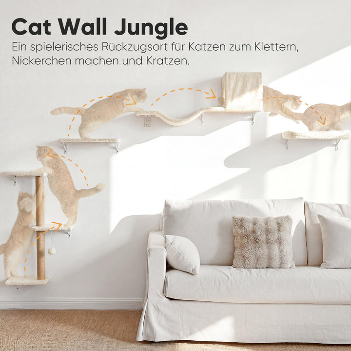 Katzen Kletterwand Set 10-teilig Multiplexholz mit Hängematte beige