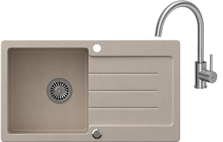 Granit-Einbauspüle Beige 77x44 cm reversibel mit Siphon und Armatur