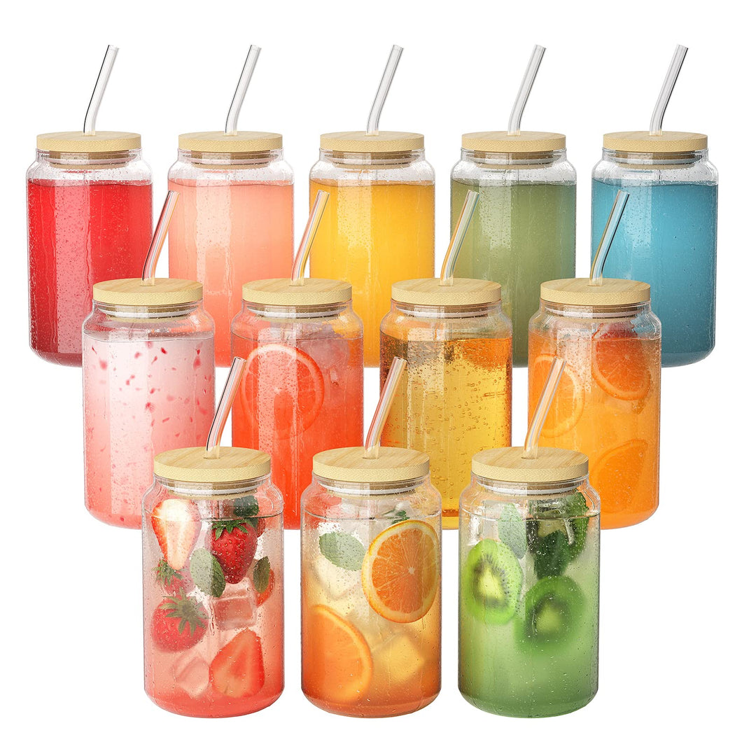 Trinkgläser mit Deckel und Strohhalm 450ml 12er Set transparent