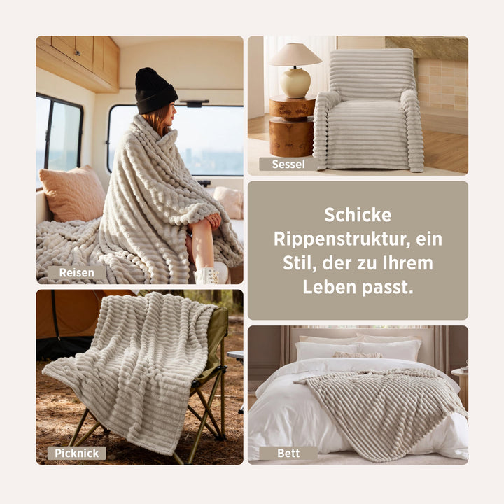 Kuscheldecke Flanell-Fleece 230x270 cm Streifenmuster Beige - Bild 6