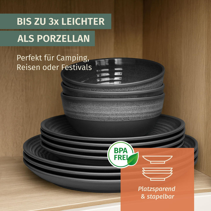 Camping Geschirrset Melamin 12-teilig für 4 Personen Stone Grey - Bild 6