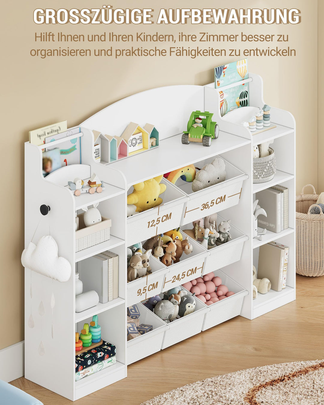 Kinderzimmerregal 9 Fächer 8 Boxen mit Haken 30x140x104 cm Weiss - Bild 6
