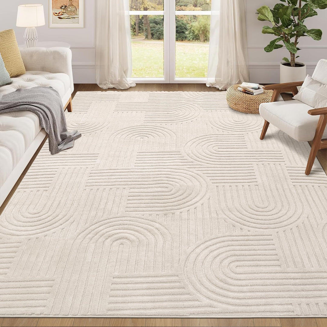 Kurzflor Teppich 3D-Optik 140x200 cm beige für Wohn- und Schlafzimmer