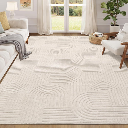 Kurzflor Teppich 3D-Optik 140x200 cm beige für Wohn- und Schlafzimmer