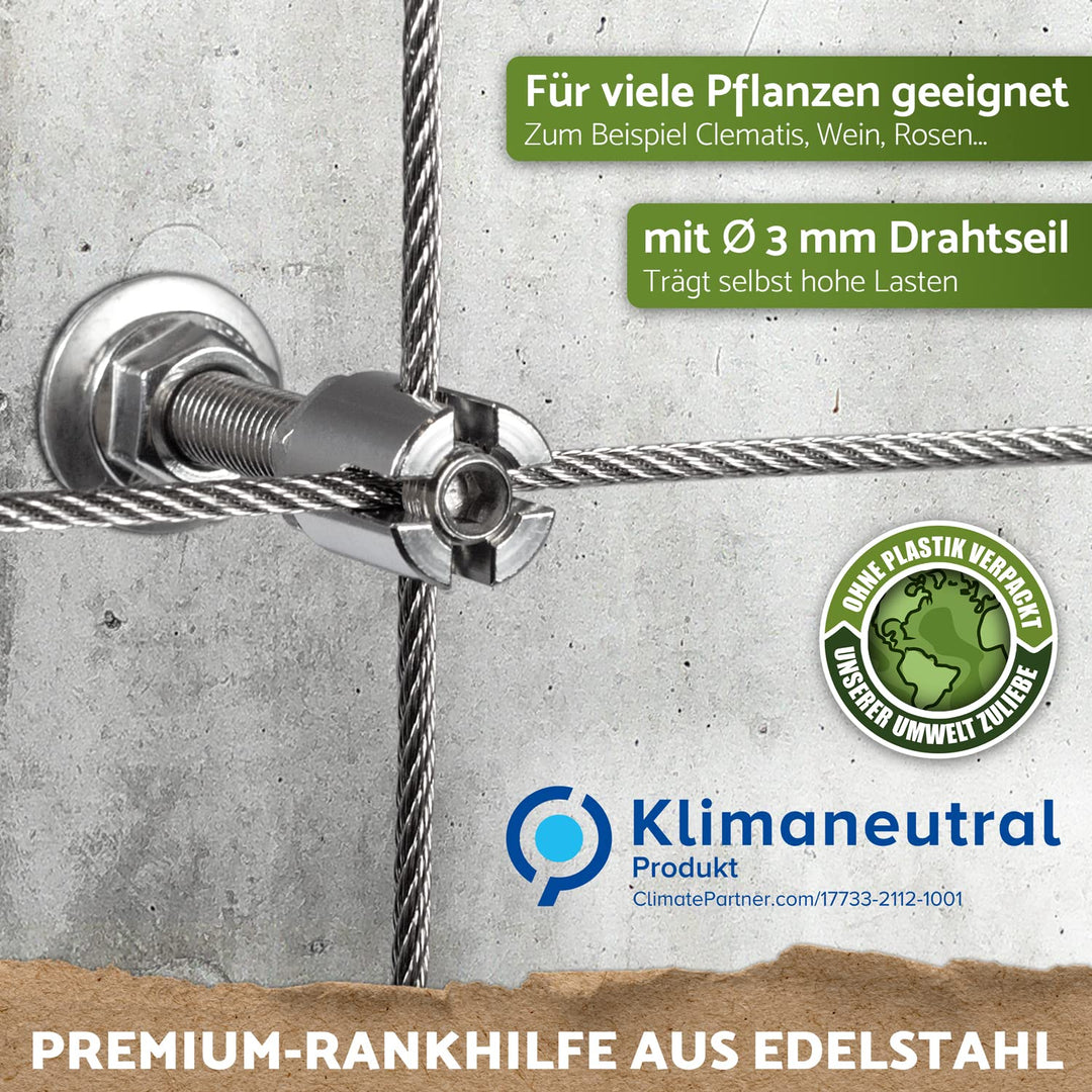 Rankhilfe Edelstahl Komplettset 8 Halter 12,5m Seil für Kletterpflanzen - Bild 2