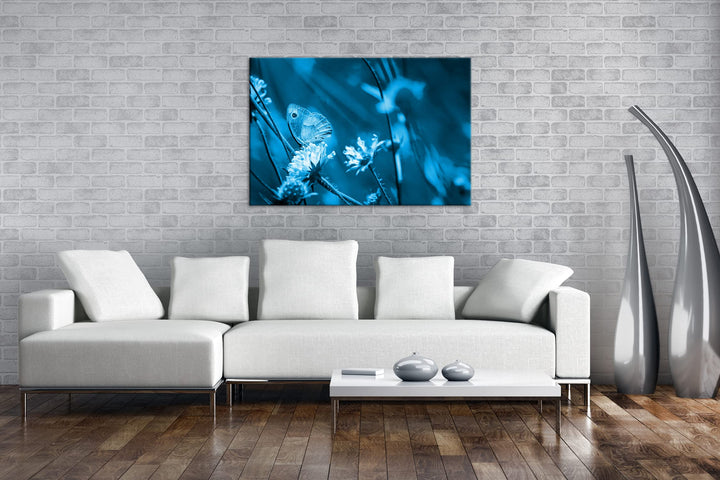 Leinwandbild Blumenwiese Monochrom Blau 80x60 cm Echtholzrahmen - Bild 2