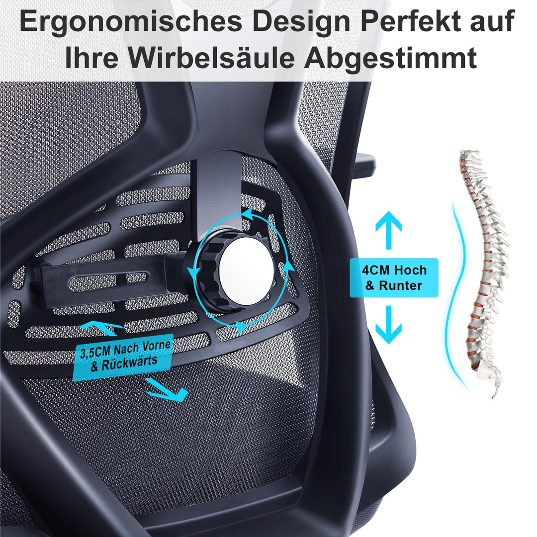 Ergonomischer Bürostuhl Netz mit 3D-Armlehne, Kopfstütze &amp; Lordosenstütze - Bild 3